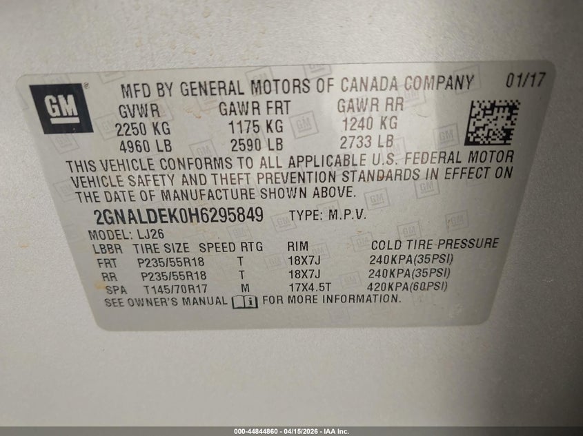 2017 Chevrolet Equinox Premier VIN: 2GNALDEK0H6295849 Lot: 44844860