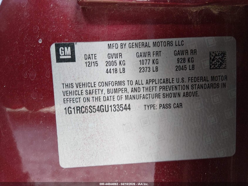 2016 Chevrolet Volt Lt VIN: 1G1RC6S54GU133544 Lot: 44844863