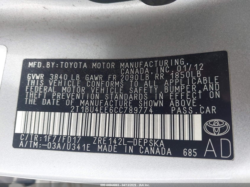 2012 Toyota Corolla 1.8 S silver Lot 111044844883 Vin 2T1BU4EE6CC789774