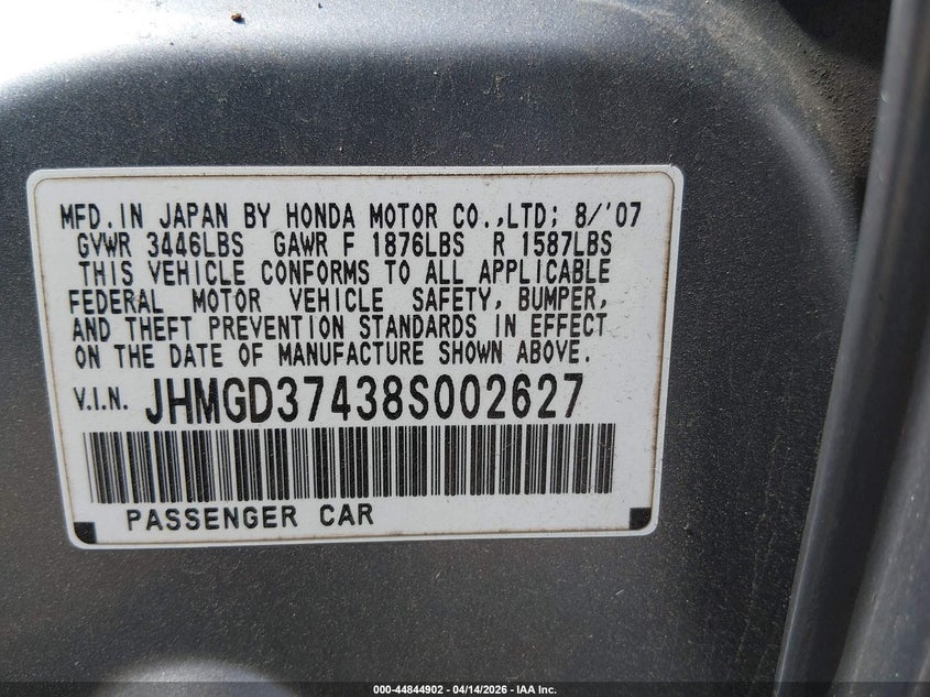 2008 Honda Fit VIN: JHMGD37438S002627 Lot: 44844902