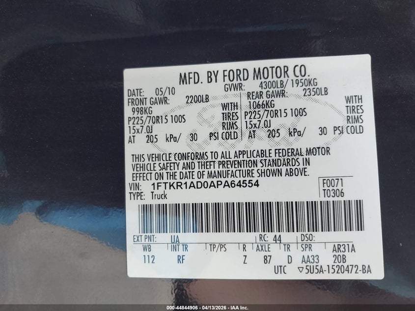 2010 Ford Ranger Xl/Xlt VIN: 1FTKR1AD0APA64554 Lot: 44844906