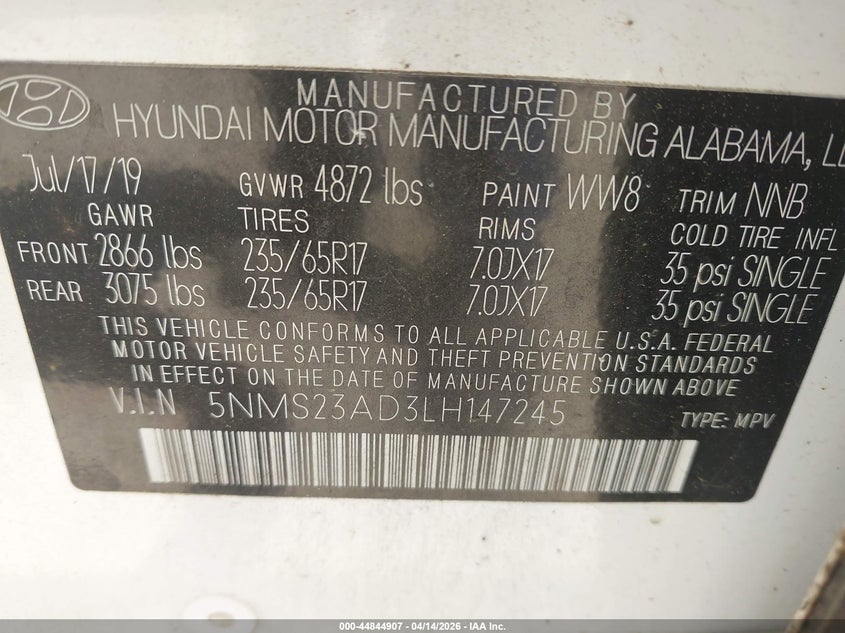 2020 Hyundai Santa Fe Se VIN: 5NMS23AD3LH147245 Lot: 44844907