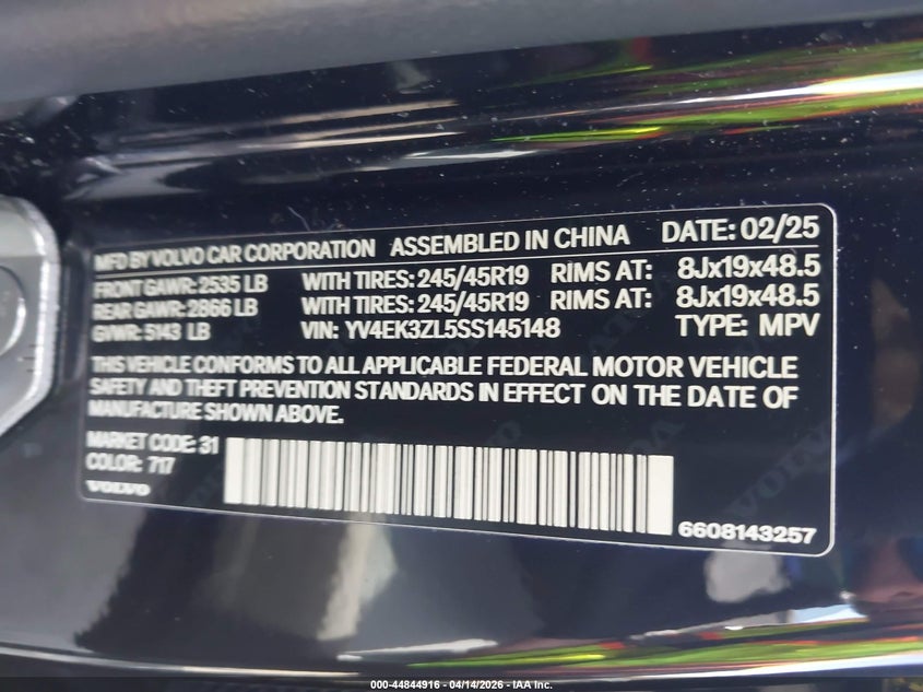 2025 Volvo Ex30 Ultra Twin Motor Performance, Fully Electric VIN: YV4EK3ZL5SS145148 Lot: 44844916