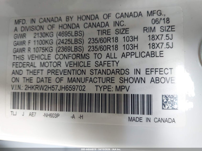 2018 Honda Cr-V Ex VIN: 2HKRW2H57JH659702 Lot: 44844919