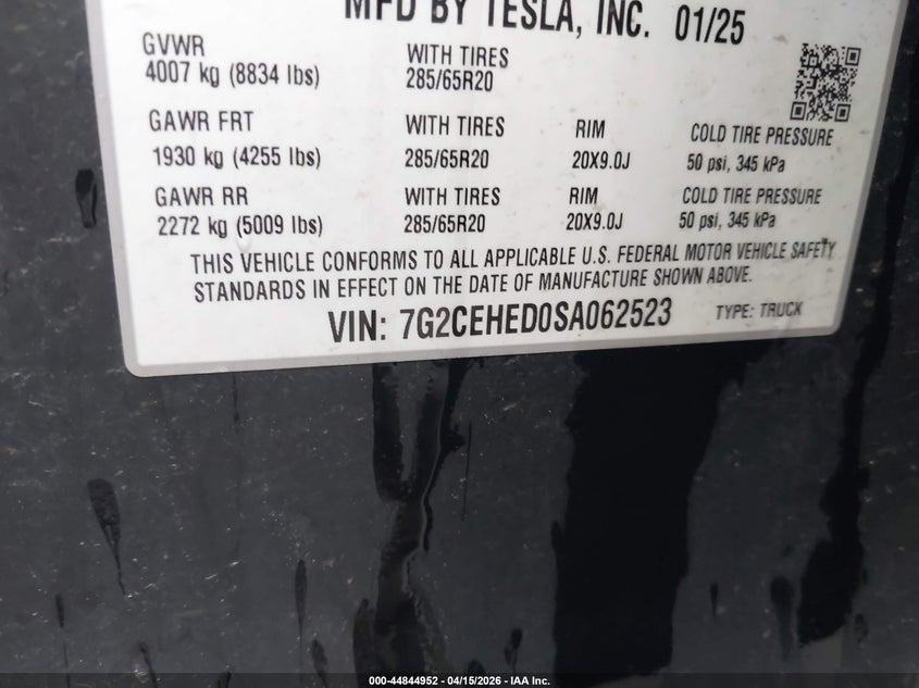 2025 Tesla Cybertruck All-Wheel Drive VIN: 7G2CEHED0SA062523 Lot: 44844952