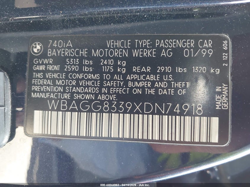 1999 BMW 740Ia VIN: WBAGG8339XDN74918 Lot: 44844963