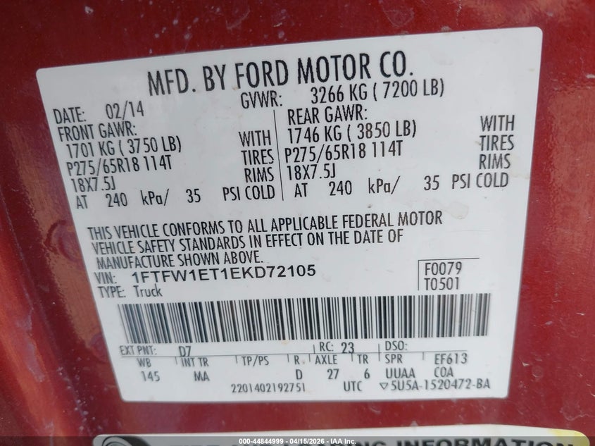 2014 Ford F-150 Xlt VIN: 1FTFW1ET1EKD72105 Lot: 44844999