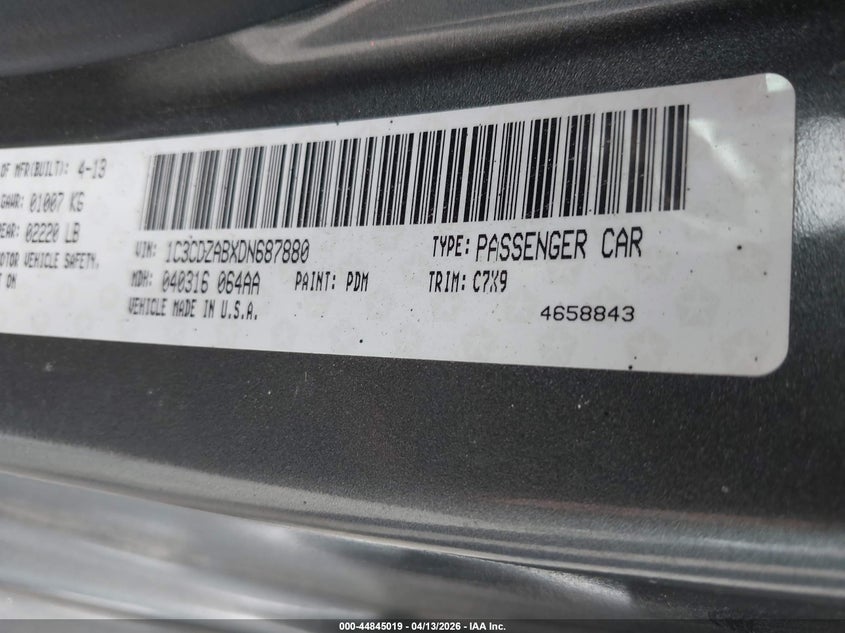 2013 Dodge Avenger Se VIN: 1C3CDZABXDN687880 Lot: 44845019