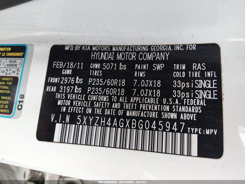 2011 Hyundai Santa Fe Se VIN: 5XYZH4AGXBG045947 Lot: 44845024