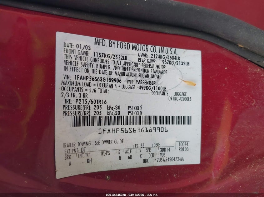 2003 Ford Taurus Sel VIN: 1FAHP56S63G189906 Lot: 44845028