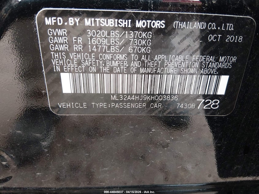 2019 Mitsubishi Mirage Se VIN: ML32A4HJ9KH003836 Lot: 44845037