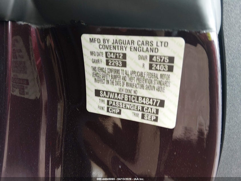 2012 Jaguar Xk VIN: SAJWA4FB1SLB48477 Lot: 44845065