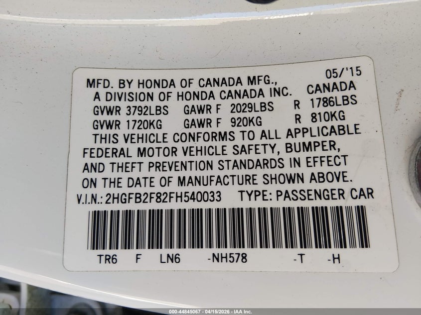 2015 Honda Civic Ex VIN: 2HGFB2F82FH540033 Lot: 44845067