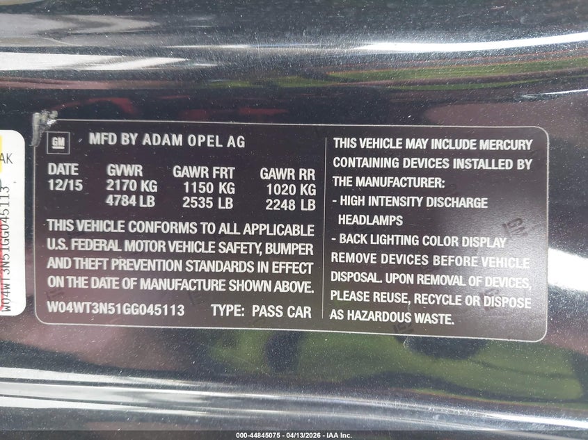 2016 Buick Cascada Premium VIN: W04WT3N51GG045113 Lot: 44845075