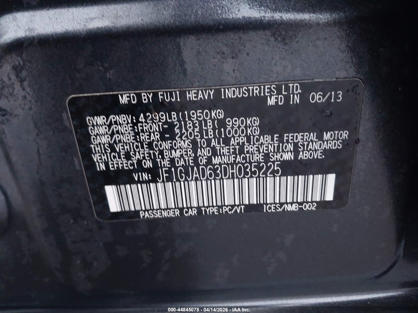 2013 Subaru Impreza 2.0I Premium VIN: JF1GJAD63DH035225 Lot: 44845078