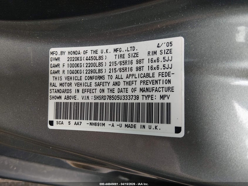 2005 Honda Cr-V Lx VIN: SHSRD78505U333739 Lot: 44845081