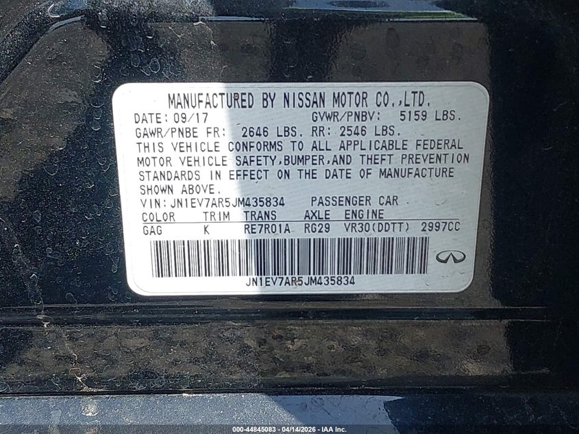 2018 Infiniti Q50 3.0T Sport VIN: JN1EV7AR5JM435834 Lot: 44845083