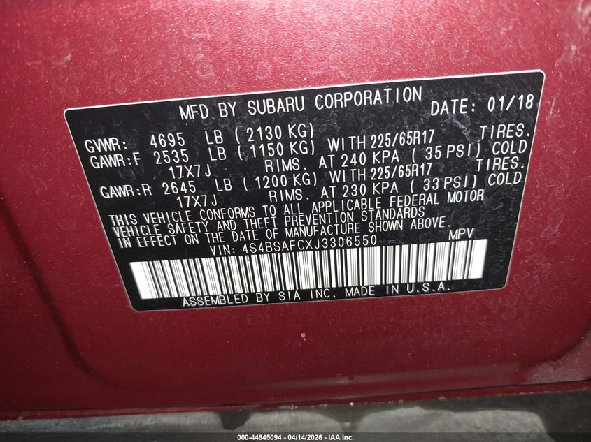 2018 Subaru Outback 2.5I Premium VIN: 4S4BSAFCXJ3306550 Lot: 44845094