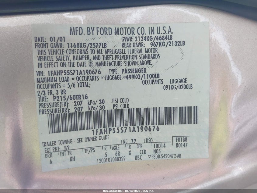 2001 Ford Taurus Ses VIN: 1FAHP55S71A190676 Lot: 44845109