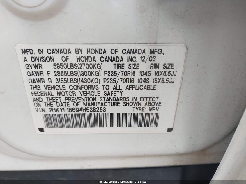 2004 Honda Pilot Ex-L VIN: 2HKYF18694H538253 Lot: 44845131