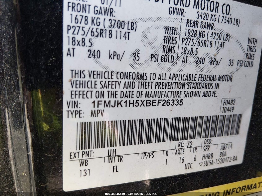 2011 FORD EXPEDITION SPORT UTILITY VEHICLE 5.4L V-8 VVT, 310HP