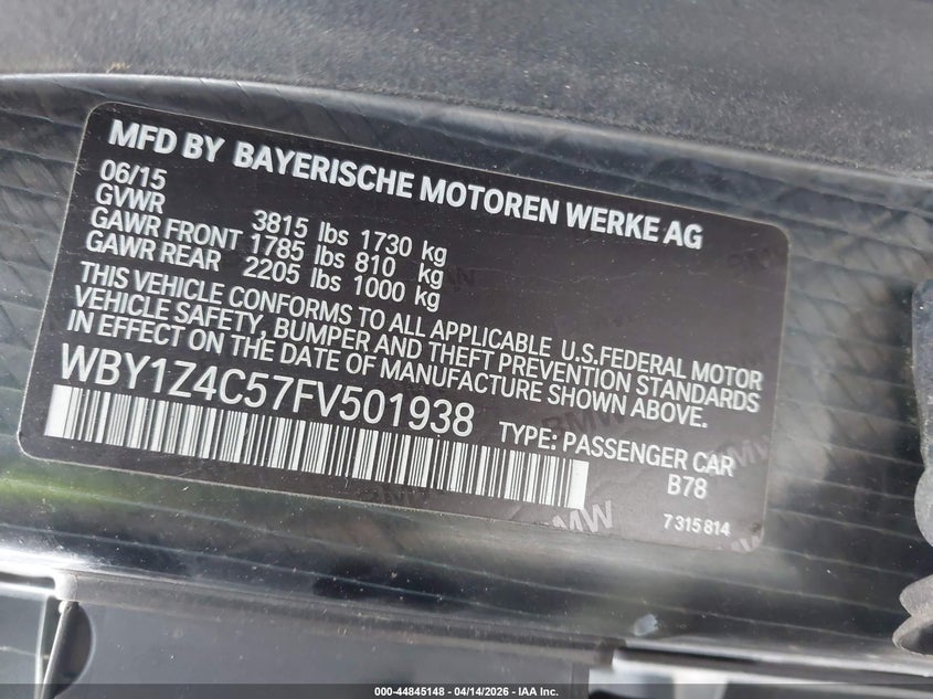 2015 BMW I3 Base W/Range Extender VIN: WBY1Z4C57FV501938 Lot: 44845148