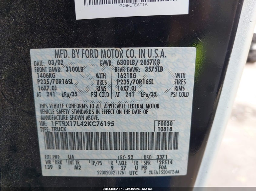 2002 Ford F-150 Lariat/Xl/Xlt VIN: 1FTRX17L42KC76195 Lot: 44845157