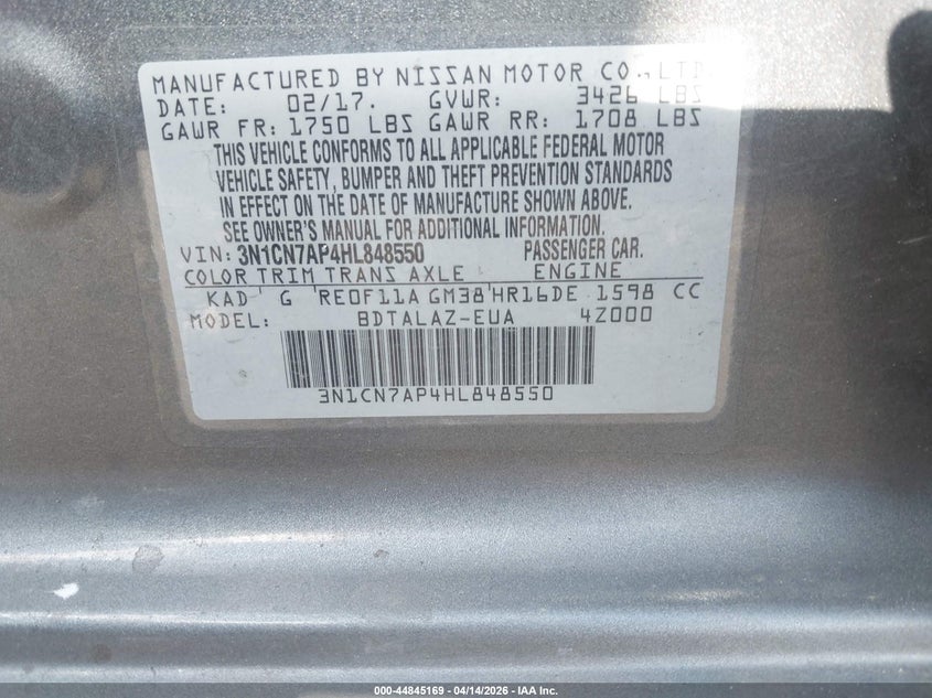 2017 Nissan Versa 1.6 1.6 S+ silver Lot 111044845169 Vin 3N1CN7AP4HL848550
