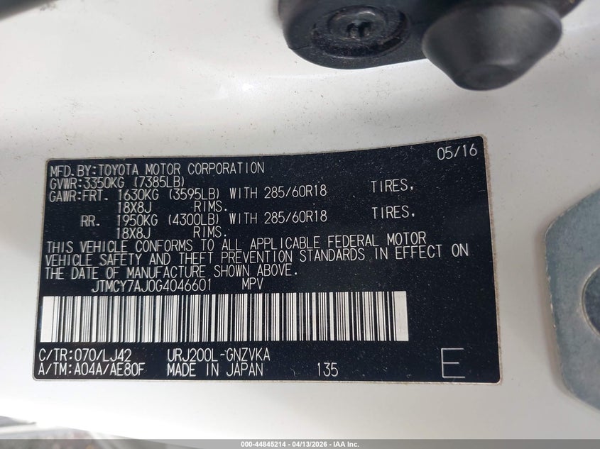 2016 Toyota Land Cruiser V8 VIN: JTMCY7AJ0G4046601 Lot: 44845214