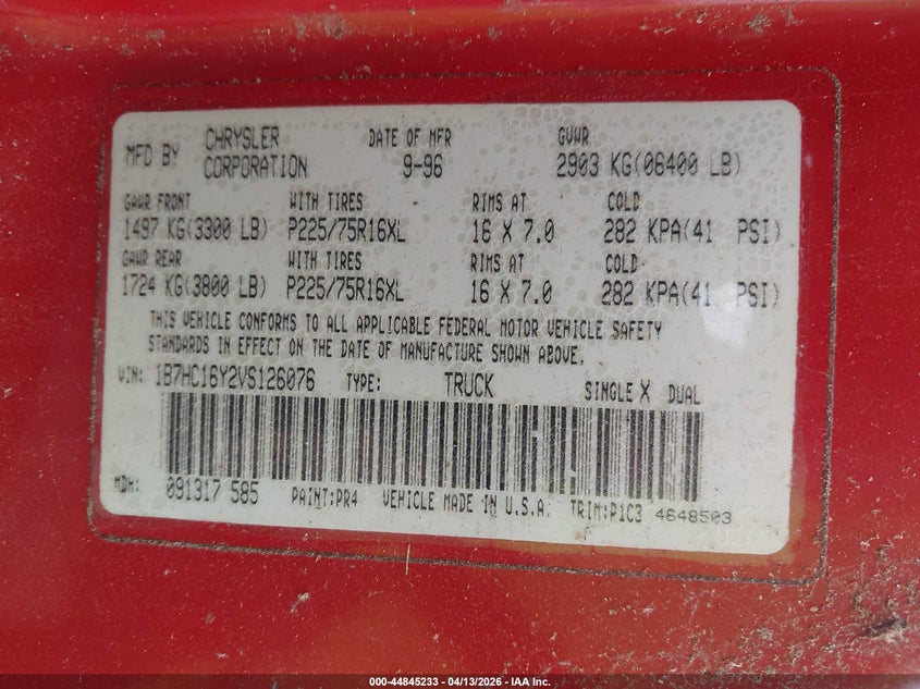 1997 Dodge Ram 1500 Lt VIN: 1B7HC16Y2VS126076 Lot: 44845233