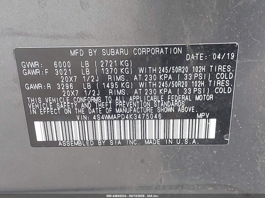 2019 Subaru Ascent Limited VIN: 4S4WMAPD4K3475046 Lot: 44845234