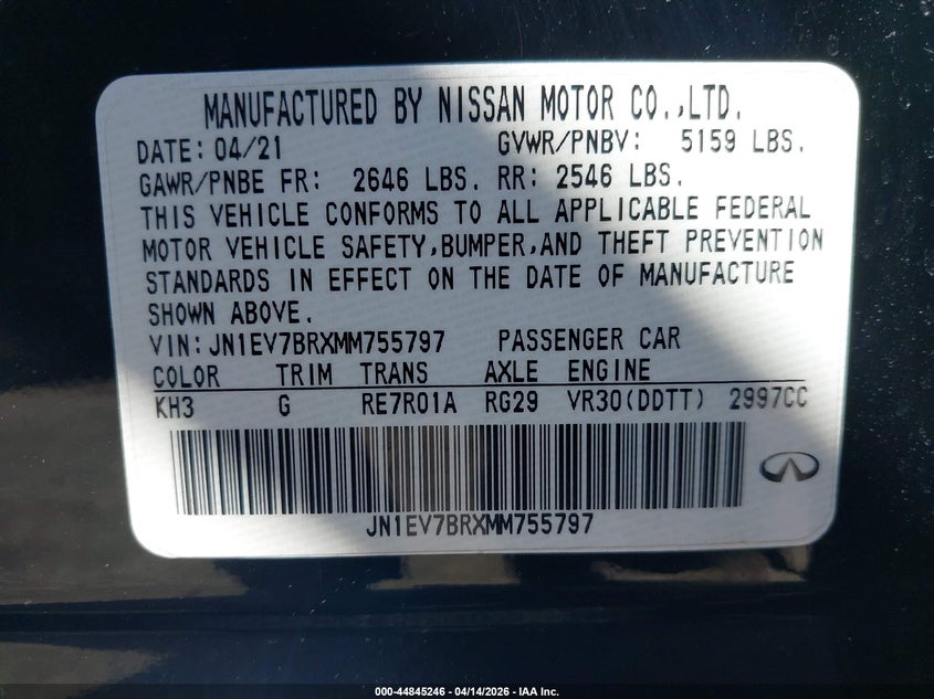 2021 Infiniti Q50 Luxe Awd VIN: JN1EV7BRXMM755797 Lot: 44845246