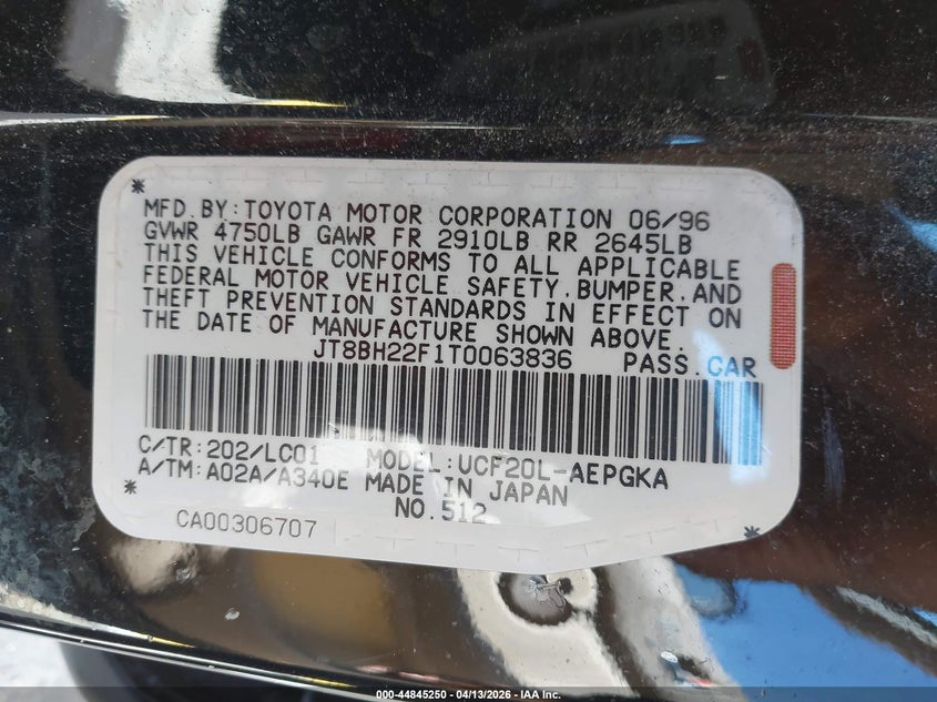 1996 Lexus Ls 400 VIN: JT8BH22F1T0063836 Lot: 44845250