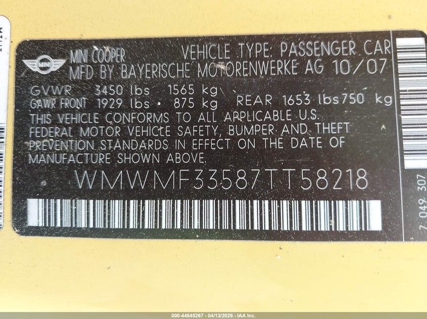 2007 Mini Cooper VIN: WMWMF33587TT58218 Lot: 44845267