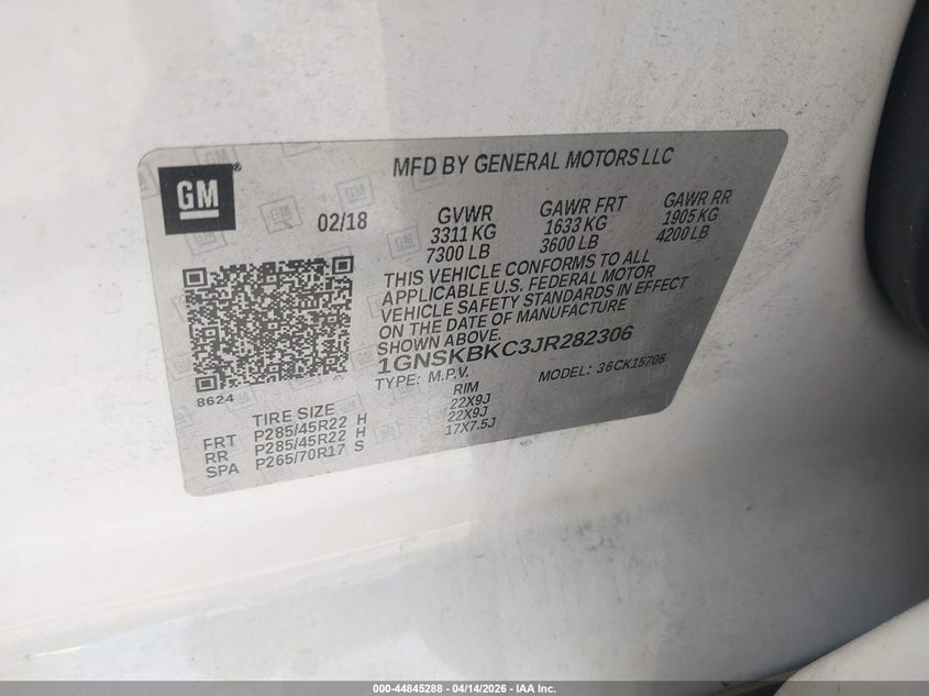 2018 Chevrolet Tahoe Lt VIN: 1GNSKBKC3JR282306 Lot: 44845288