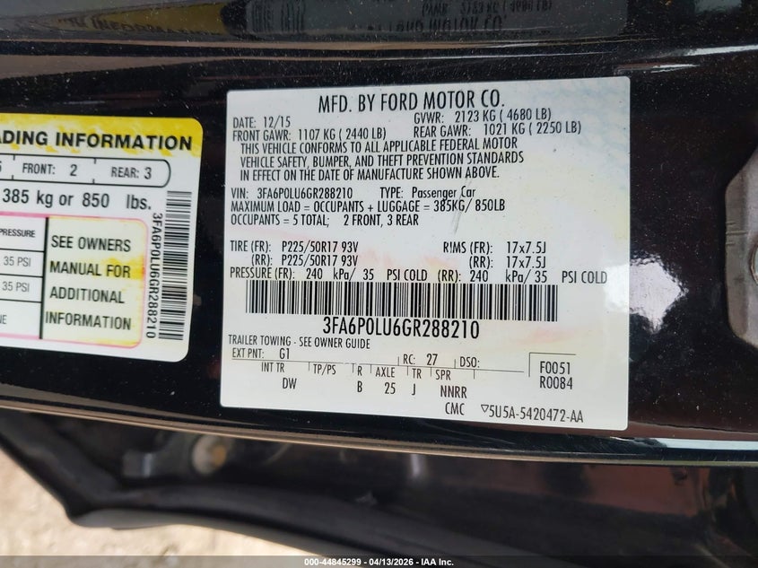 2016 Ford Fusion 2.0 Hybrid Se black Lot 111044845299 Vin 3FA6P0LU6GR288210