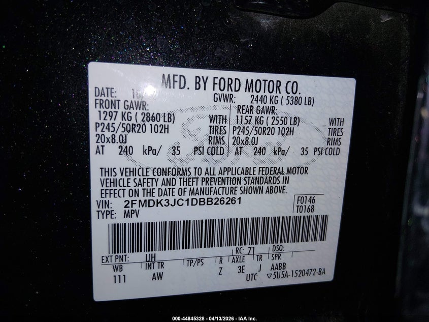2013 Ford Edge 3.5 Sel black Lot 111044845328 Vin 2FMDK3JC1DBB26261