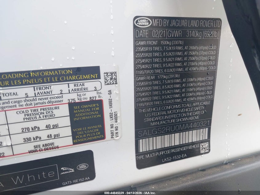 2021 Land Rover Range Rover Westminster VIN: SALGS2RU0MA440321 Lot: 44845329