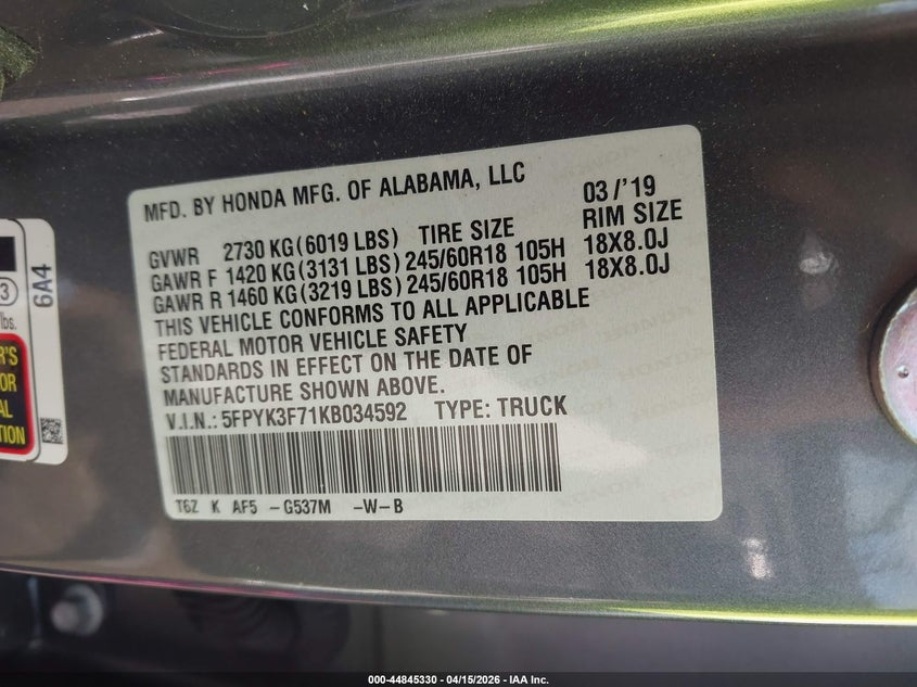 2019 Honda Ridgeline Rtl-E VIN: 5FPYK3F71KB034592 Lot: 44845330