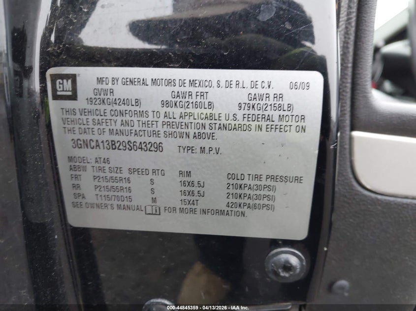 2009 Chevrolet Hhr Ls VIN: 3GNCA13B29S643296 Lot: 44845359