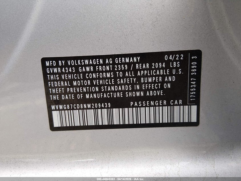 2022 Volkswagen Golf Gti 2.0T S VIN: WVWG87CD8NW209439 Lot: 44845363