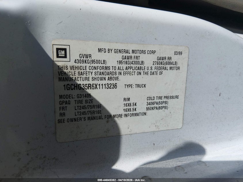 1999 Chevrolet Express VIN: 1GCHG35R6X1113236 Lot: 44845382
