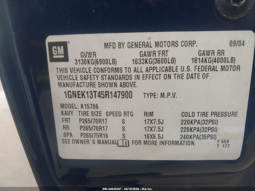 2005 Chevrolet Tahoe Lt VIN: 1GNEK13T45R147900 Lot: 44845387