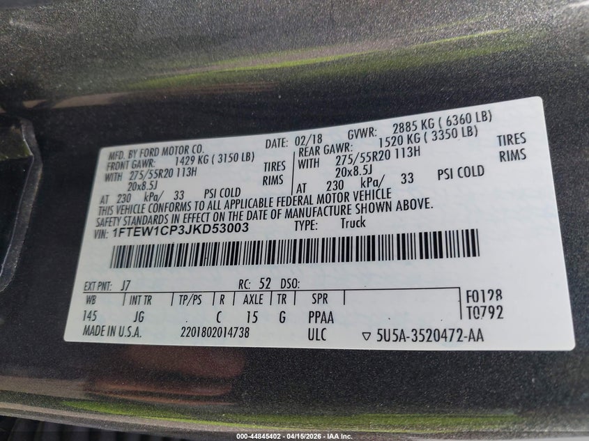 2018 Ford F-150 Xl VIN: 1FTEW1CP3JKD53003 Lot: 44845402