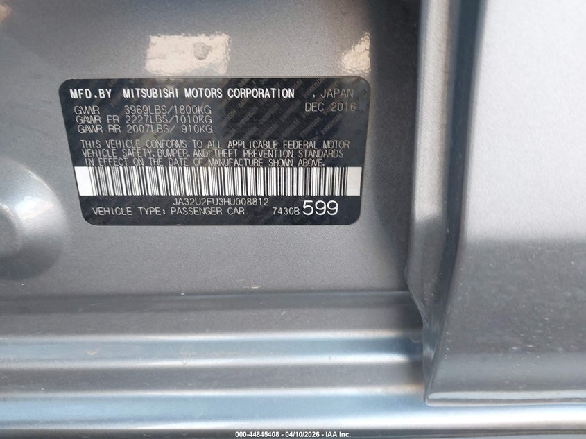 2017 Mitsubishi Lancer Es/Le VIN: JA32U2FU3HU008812 Lot: 44845408