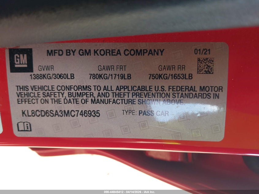 2021 Chevrolet Spark Fwd 1Lt Automatic VIN: KL8CD6SA3MC746935 Lot: 44845412