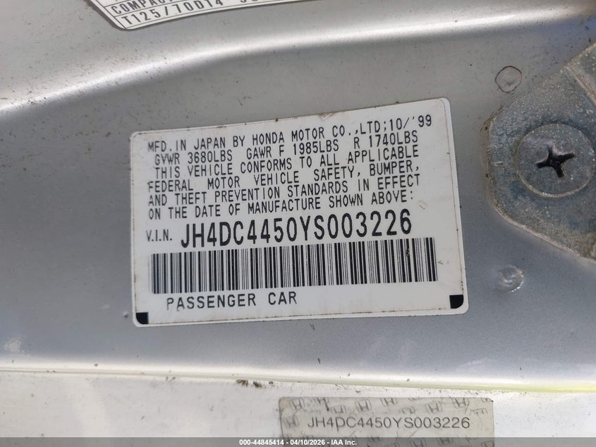 2000 Acura Integra Ls VIN: JH4DC4450YS003226 Lot: 44845414