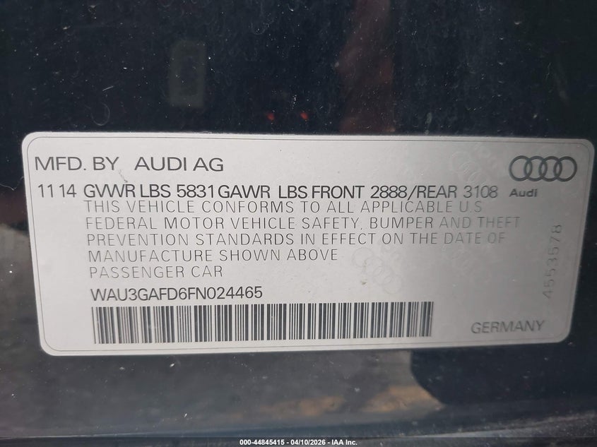 2015 Audi A8 L 3.0T VIN: WAU3GAFD6FN024465 Lot: 44845415