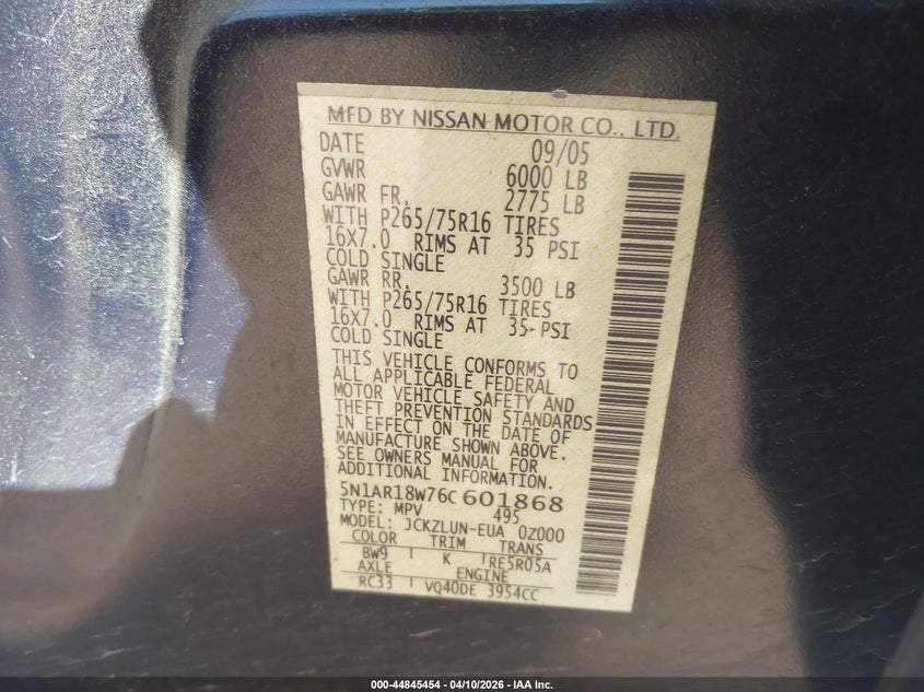 2006 Nissan Pathfinder Se Off-Road VIN: 5N1AR18W76C601868 Lot: 44845454