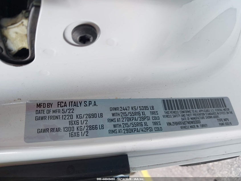 2022 Ram Promaster City Cargo Van VIN: ZFBHRFAB7N6W80661 Lot: 44845455